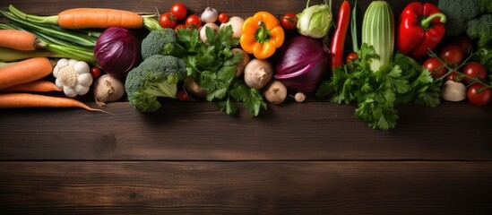 Fresh organic vegetables arranged on a wooden background Healthy food on rustic table with space for text Various cooking ingredients seen from above