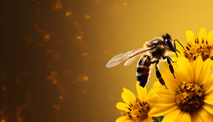 Banner of a Bee Gathering Pollen from a Yellow Wildflower. Yellow Background with Copy Space - obrazy, fototapety, plakaty