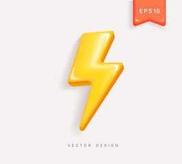 Flash lightning isolated symbol,thunderbolt energy.Battery charge sign.Yellow realistic 3d design.Template vector of conceptual sign of thunderstorm,electricity,battery,electric vehicle,danger