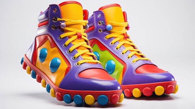 whimsical world of clowning with a close-up of colorful clown shoes on a clean white background, capturing the essence of laughter and entertainment.
