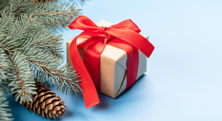 Christmas fir tree branch and gift box over blue