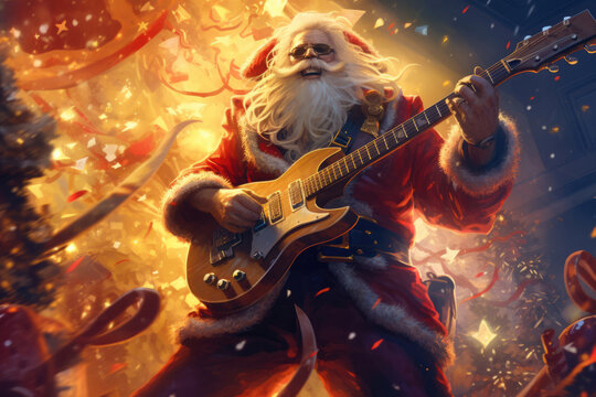 Santa Claus metalhead playing electric guitar at Christmas on festive background