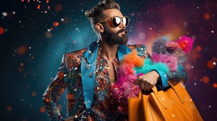 Fototapeta premium A man with a cosmic shopping bag filled with colorful and extravagant fashion accessories from the meta universe. Man with shopping bag in meta universe