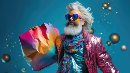 Fashion Voyage in the Metaverse. Man with Colorful Accessories Bag. Accessories from Beyond. Man with Cosmic Shopping Bag in the Metaverse.