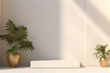 Podium in front of a white wall with a blurred shadow coming out the window; Minimal abstract background for product presentation. Pots in a minimal abstract white background