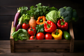 Fresh organic vegetables in a wooden box on a dark background. Advertising commercial photo. Harvest, thanksgiving. Eco friendly lifestyle. Healthy eating. Food delivery