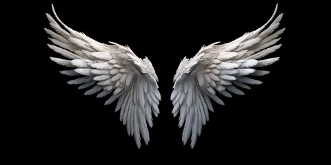 Naklejka premium Angel wings isolated on the black background, fantasy feather wings for fashion design, cosplay and dress up party.