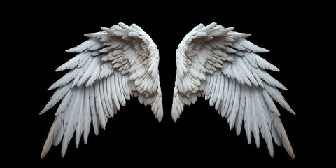 Angel wings isolated on the black background, fantasy feather wings for fashion design, cosplay and dress up party. - obrazy, fototapety, plakaty