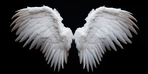 Angel wings isolated on the black background, fantasy feather wings for fashion design, cosplay and...