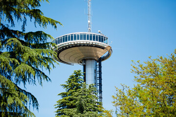 Close-up of a Faro de Moncloa transmission tower in Madrid