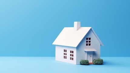 Fototapeta na wymiar Home sweet home, white simple 3d house model toy isolated on blue background, copy space.