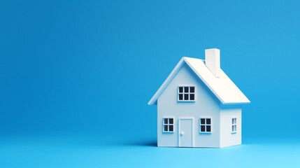 Fototapeta na wymiar Home sweet home, white simple 3d house model toy isolated on blue background, copy space.