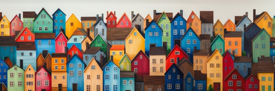 City background with rows of wooden colorful houses, colorful city banner with top copy space.