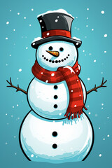 Snowman wearing scarf and top hat, pop art style background