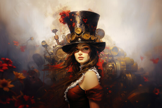 Steampunk style portrait of a beautiful woman wearing top hat