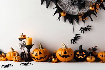 halloween concept background composition with bats, spider web, pumpkins and spiders on black background ai generated