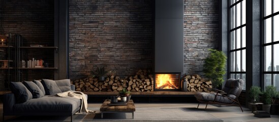 Industrial style a dark loft with a fireplace in the living room