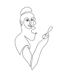 One line drawing of woman holding pregnancy test with positive.
One continuous line drawing of woman being glad to become mother.
