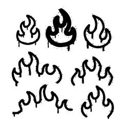 Fototapeta premium Graffiti Fire. Flame spray brush tag. Funky urban street grunge ink paint. Cartoon set isolated on white