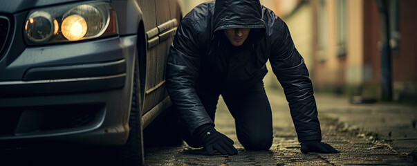 Fototapeta na wymiar Masked car thief before burglary. Criminal car theft vehicle concept.