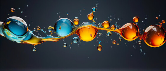 colorful blue and gold oil drops splash, circle droplets with realistic liquid bubbles - falling oil drops with splashing blue and gold liquid - AI generative - obrazy, fototapety, plakaty