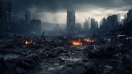 A destroyed city with a lot of debris - obrazy, fototapety, plakaty
