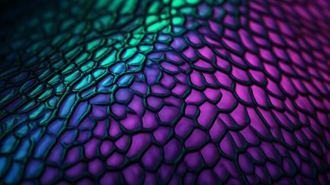 A close up view of a purple and green snake skin