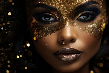 Model with gold glitter on her face. Creative portrait with selective focus and copy space