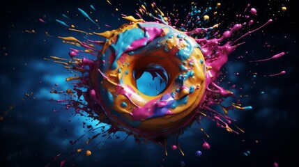 A donut with sprinkles of paint on it - obrazy, fototapety, plakaty