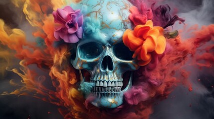 A skull with colorful smoke coming out of it - obrazy, fototapety, plakaty