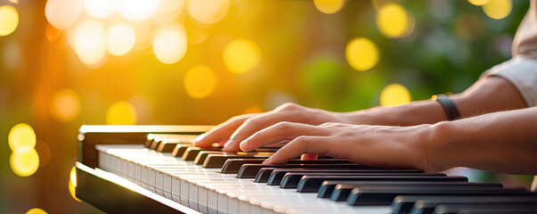 Detail on male pianist hands on piano keyboard in exterior green forest background. copy space for text.