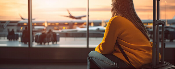 Young woman with modern suitcase on airport. copy space for text.