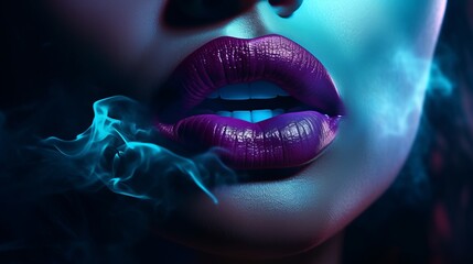 A close up of a woman's face with smoke coming out of her mouth - obrazy, fototapety, plakaty