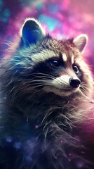 Obraz premium A painting of a raccoon in space surrounded by stars