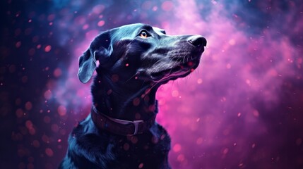 A black dog is looking up at the sky