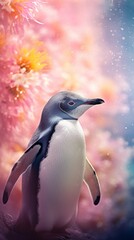 Obraz premium A painting of a penguin sitting on the colorful background