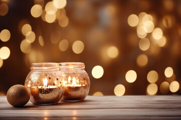 Christmas candles on a wooden table,ai generated - obrazy, fototapety, plakaty