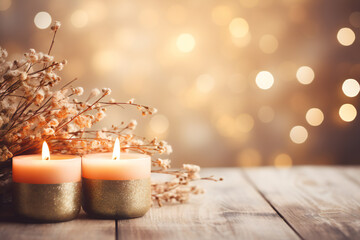 Burning candles on a wooden table on a magical Christmas background,ai generated