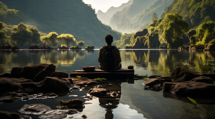 A man practicing mindfulness and meditation in a peaceful natural environment sony A7s realistic image, ultra hd, high design very detailed - obrazy, fototapety, plakaty