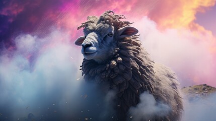 A sheep standing in a cloud filled sky