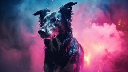 A black dog sitting in front of a pink and blue background