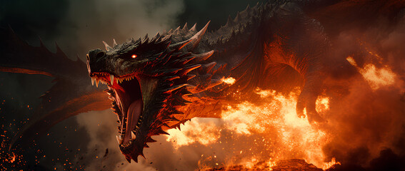 Fire breathes explode from a giant dragon in a black night, the epic battle evil concept. ©  Mohammad Xte