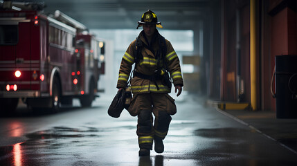 firefighter training., fireman using water and extinguisher to fighting with fire flame in an emergency situation., under danger situation all firemen wearing fire fighter suit for safety