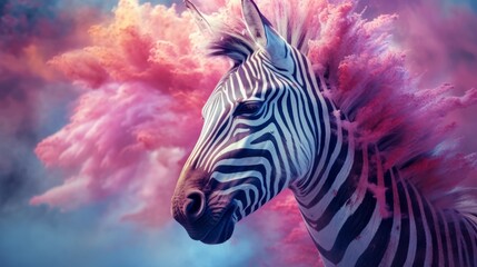 A zebra standing in front of a colorful cloud of smoke - obrazy, fototapety, plakaty