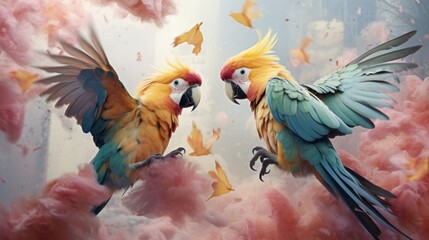 Two colorful parrots standing on a cloud of pink clouds