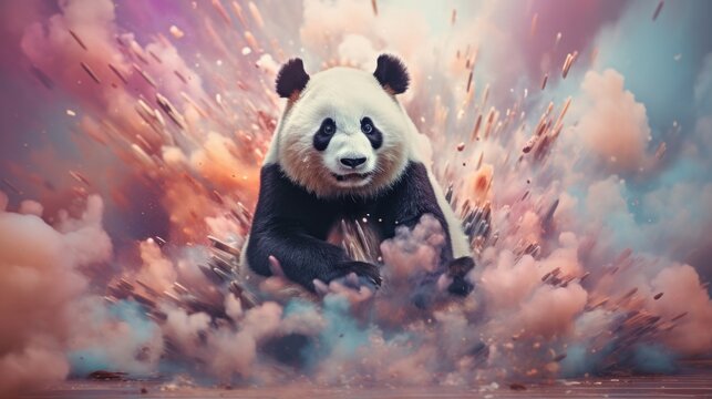 A panda bear sitting on a colorful abstract background