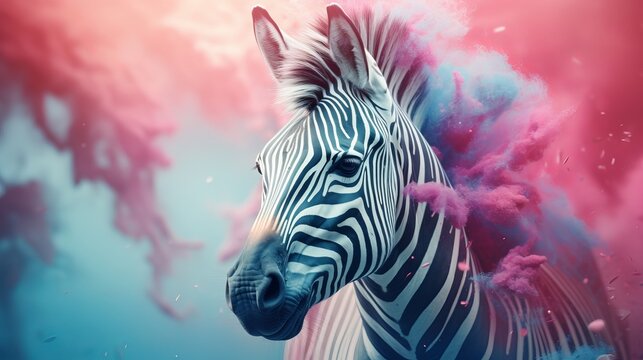 A zebra standing in front of a pink and blue background
