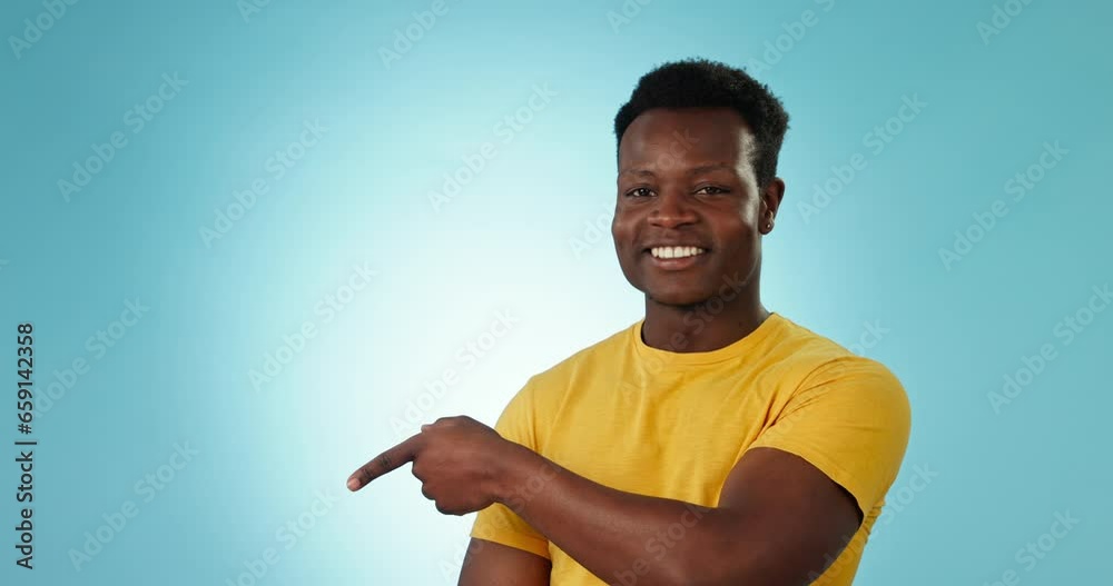 Canvas Prints Man, face and presentation of choice in studio for process, steps and advertising timeline on blue background. Portrait, happy african model and pointing to mockup, list and comparison of information