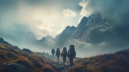 A group of people hiking up a mountain - obrazy, fototapety, plakaty