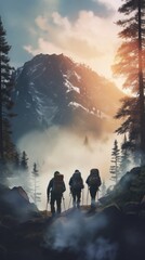 A group of people hiking up a mountain - obrazy, fototapety, plakaty